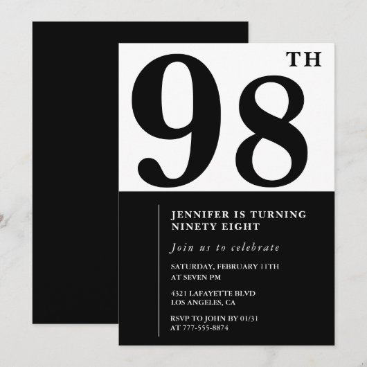 Invitation Chic noir blanc pour son 98e anniversaire (Devant / Derrière)