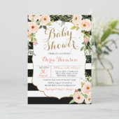 Invitation Chic noir blanc rayures et Baby shower floral flou (Debout devant)