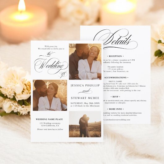 Invitation Chic noir blanc tout en un script photos mariage