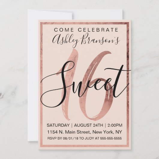 Invitation Chic Noir Blush Rose Faux Rose Or Foil Sweet 16 (Devant)