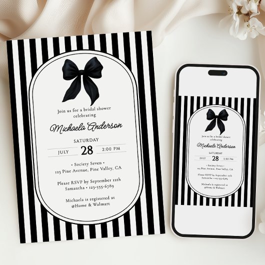 Invitation Chic Noir Coquette Bow Fête des mariées rayée