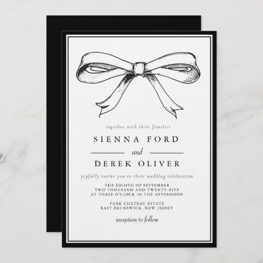 Invitation Chic noir élégant Mariage main tiré Bow (Devant / Derrière)