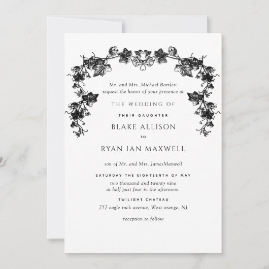 Invitation Chic, Noir Enchantant Garlands Mariage officiel (Devant)
