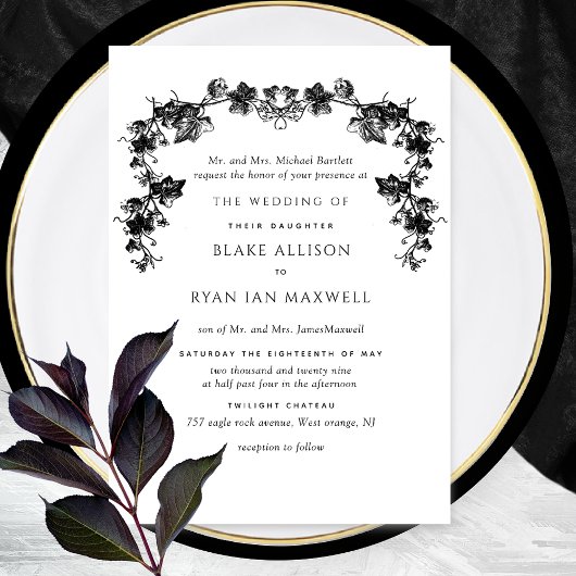 Invitation Chic, Noir Enchantant Garlands Mariage officiel