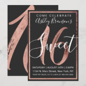 Invitation Chic noir et blanc Faux Rose Gold Foil Sweet 16 (Devant / Derrière)