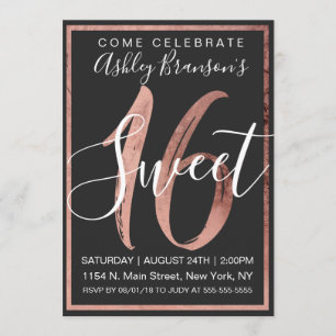 Invitation Chic noir et blanc Faux Rose Gold Foil Sweet 16