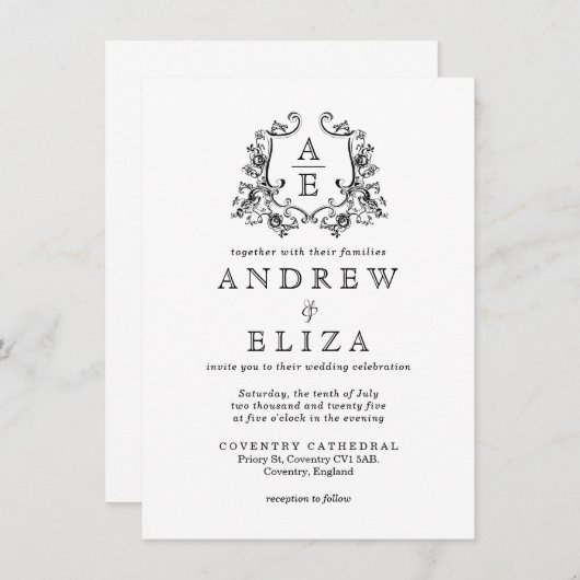 Invitation Chic noir et blanc Monogram Crest Mariage (Devant / Derrière)