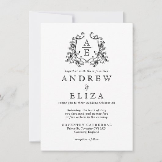 Invitation Chic noir et blanc Monogram Crest Mariage (Devant)