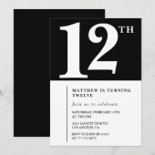 Invitation chic noir et blanc pour 12 ans (Devant / Derrière)