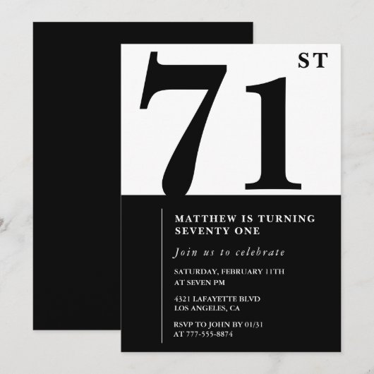 Invitation chic noir et blanc pour 71e anniversair (Devant / Derrière)
