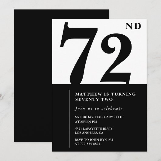 Invitation chic noir et blanc pour 72e anniversair (Devant / Derrière)