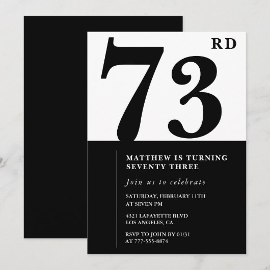 Invitation chic noir et blanc pour 73e anniversair (Devant / Derrière)