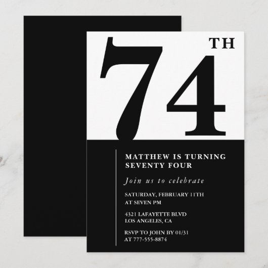 Invitation chic noir et blanc pour 74e anniversair (Devant / Derrière)