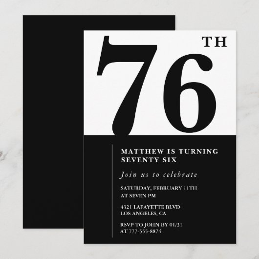 Invitation chic noir et blanc pour 76e anniversair (Devant / Derrière)