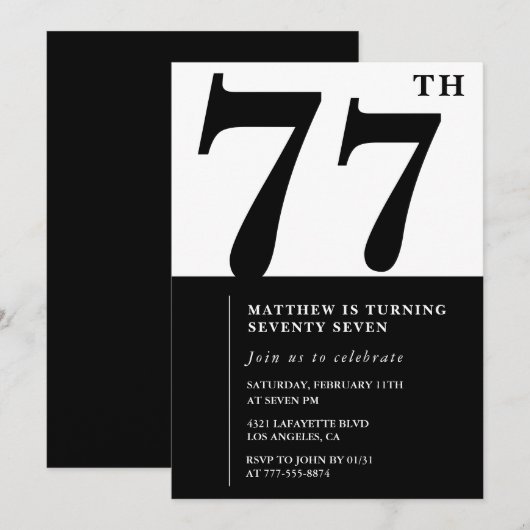 Invitation chic noir et blanc pour 77e anniversair (Devant / Derrière)