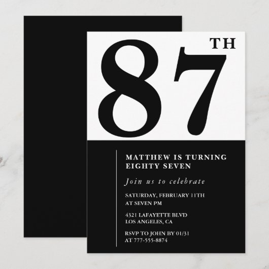 Invitation chic noir et blanc pour 87e anniversair (Devant / Derrière)