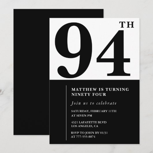 Invitation chic noir et blanc pour 94e anniversair (Devant / Derrière)