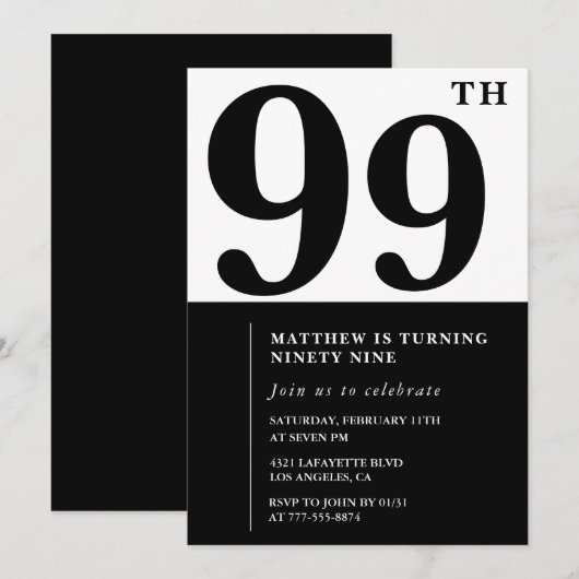 Invitation chic noir et blanc pour 99e anniversair (Devant / Derrière)