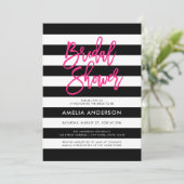 Invitation Chic noir et blanc rayures Fête des mariées rose (Debout devant)