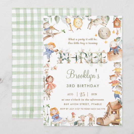 Invitation Chic Nursery Rhyme Green 3e anniversaire Neutral (Devant / Derrière)