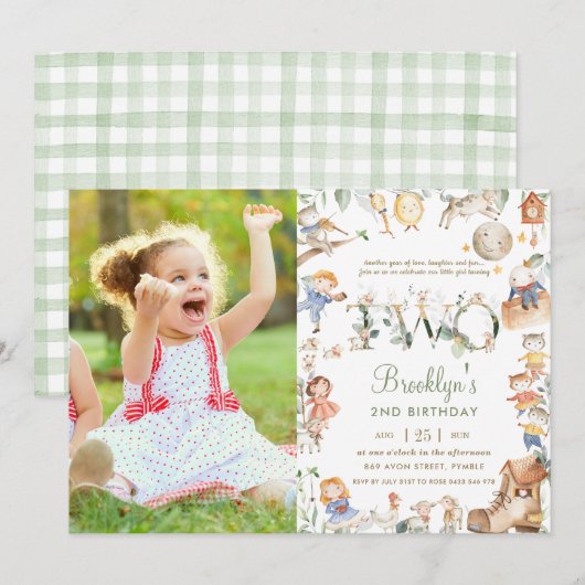 Invitation Chic Nursery Rhyme Greenery 2e Anniversaire Photo (Devant / Derrière)