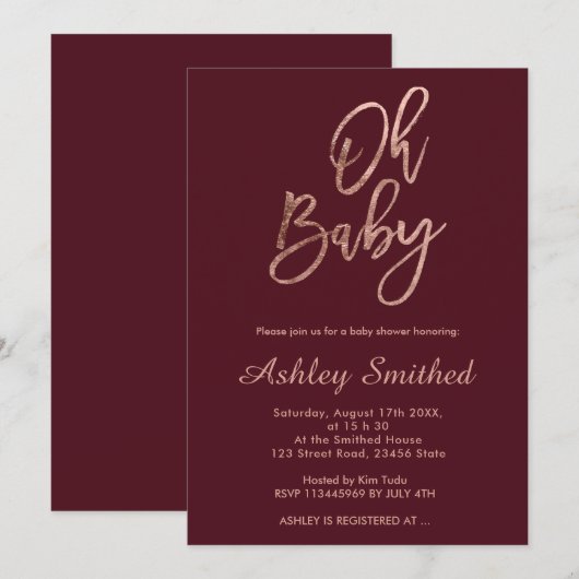 Invitation Chic Oh baby shower de la Bourgogne rouge moderne (Devant / Derrière)