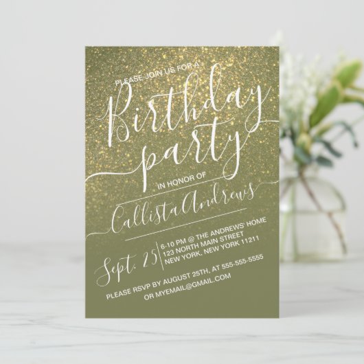 Invitation Chic Olive Green Sparkly Parties scintillant Ombre (Debout devant)