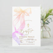 Invitation Chic Ombre Bow Gold Cross Baptism (Debout devant)