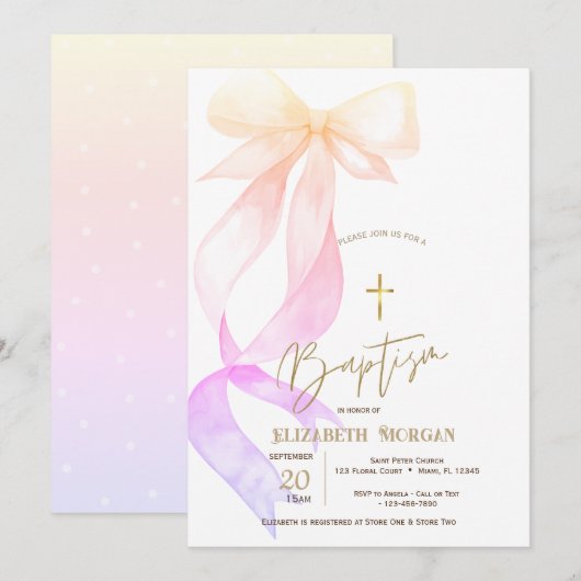 Invitation Chic Ombre Bow Gold Cross Baptism (Devant / Derrière)