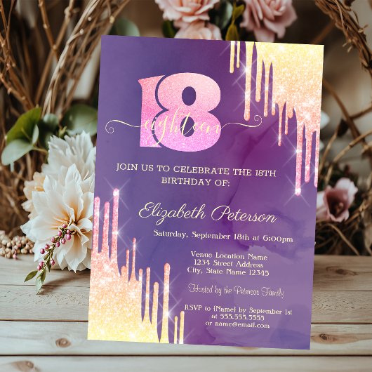 Invitation Chic Ombre Parties scintillant Drips Violet 18e an
