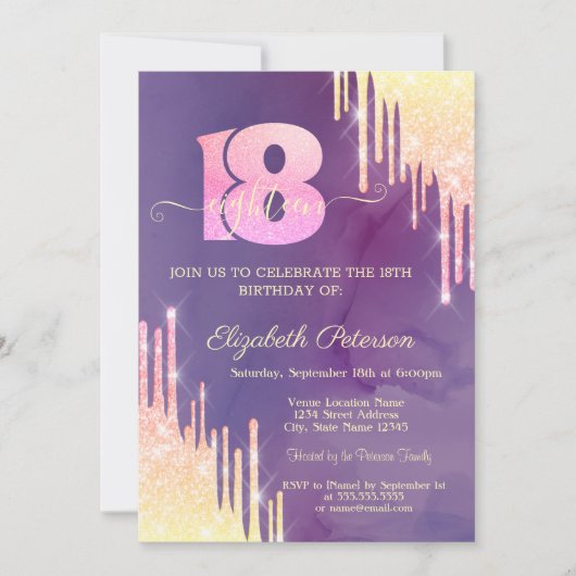 Invitation Chic Ombre Parties scintillant Drips Violet 18e an (Devant)