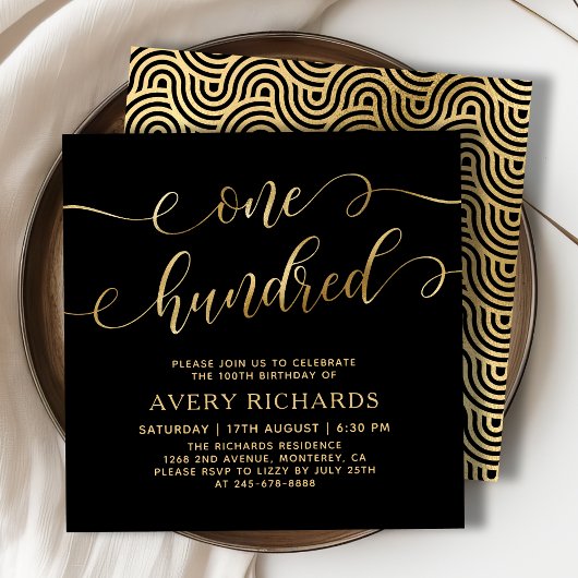 Invitation Chic One Hundred Script Black Gold 100e anniversai