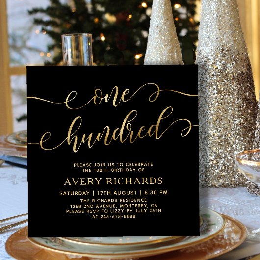 Invitation Chic One Hundred Script Black Gold 100e anniversai
