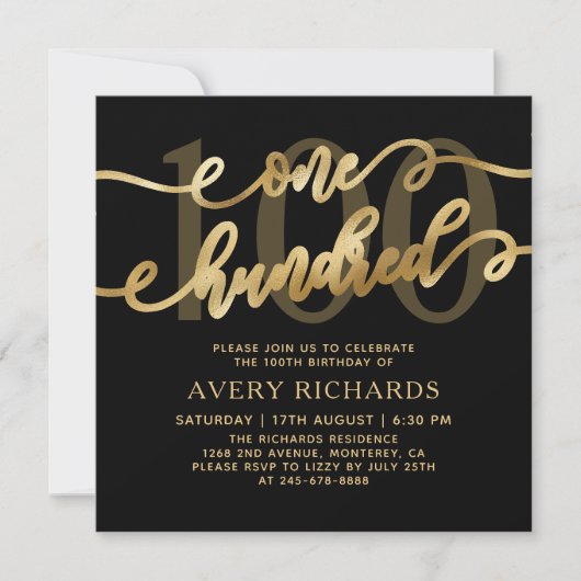 Invitation Chic One Hundred Script Black Gold 100th Birthday (Devant)