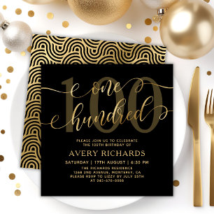 Invitation Chic One Hundred Script Noir Or 100e Anniversaire
