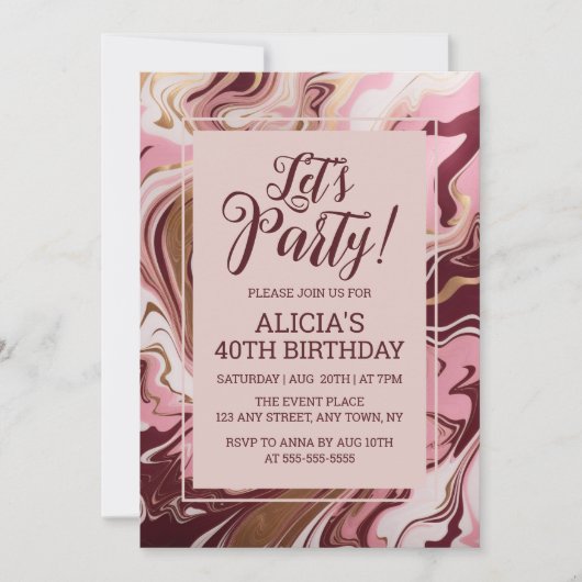 Invitation Chic or Bourgogne rose Marbre Fluid Anniversaire (Devant)