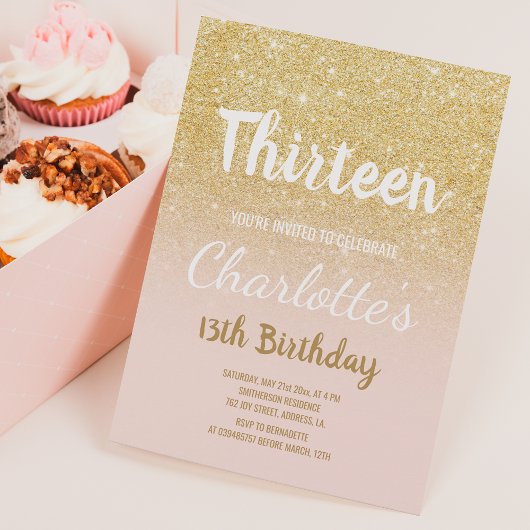 Invitation Chic or brillant ombré doré écriture treize Annive