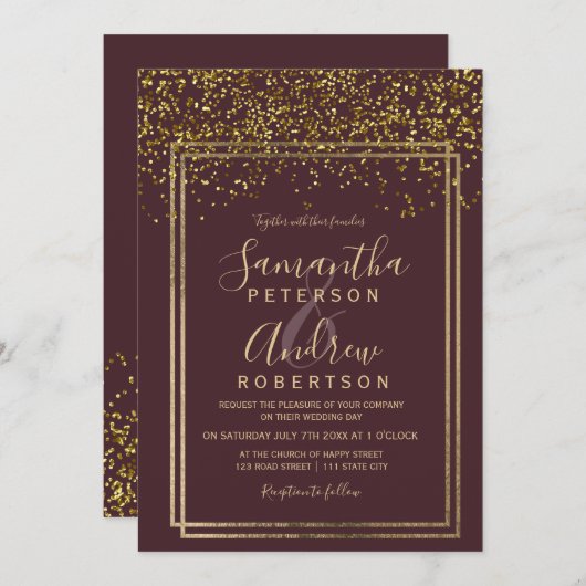 Invitation Chic or confetti bordeaux mariage frontière (Devant / Derrière)