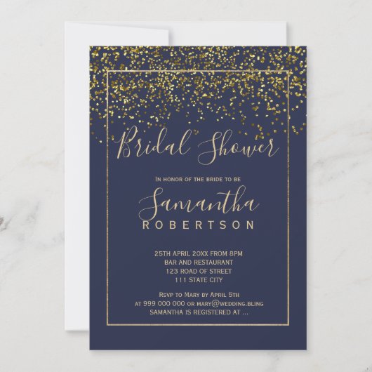 Invitation Chic or confetti marine script bleu douche nuptial (Devant)