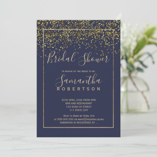 Invitation Chic or confetti marine script bleu douche nuptial (Debout devant)