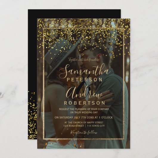 Invitation Chic or confetti typographie photo mariage (Devant / Derrière)