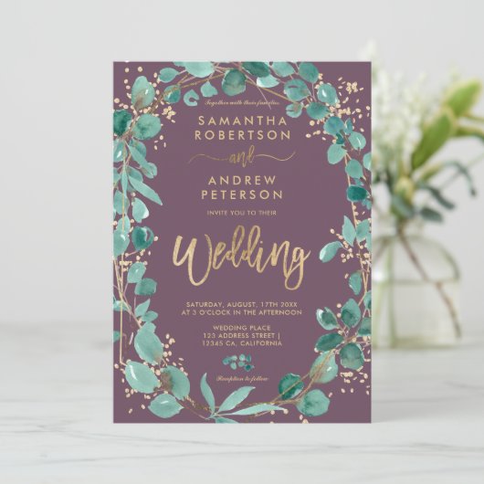 Invitation Chic or eucalyptus violet script photo mariage (Debout devant)