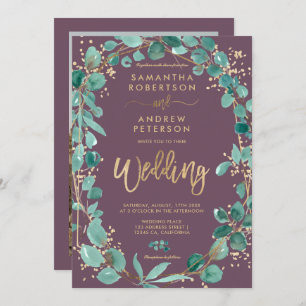 Invitation Chic or eucalyptus violet script photo mariage