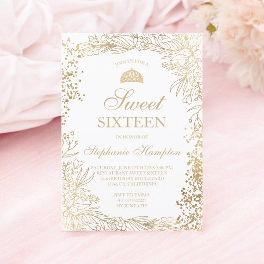 Invitation Chic or floral blanc Tiara chic Sweet 16