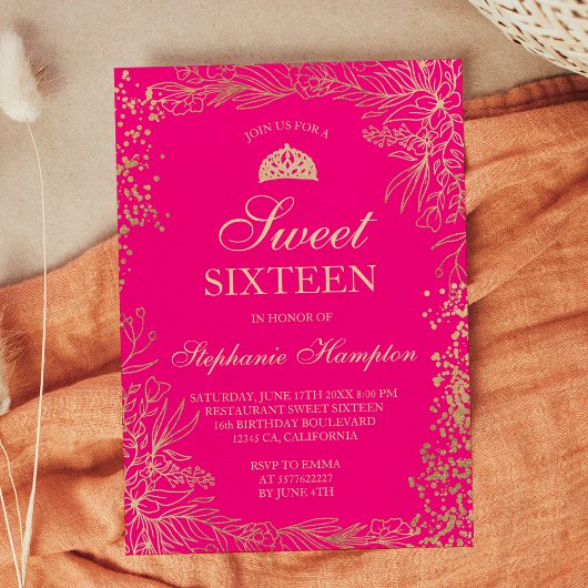 Invitation Chic or floral néon rose Tiara chic Sweet 16