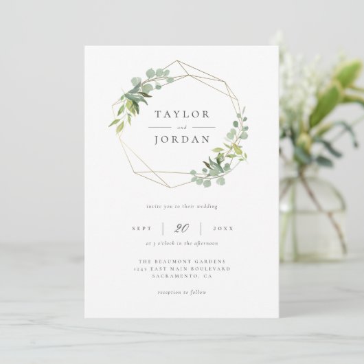 Invitation Chic or géométrique Eucalyptus Mariage vert (Debout devant)