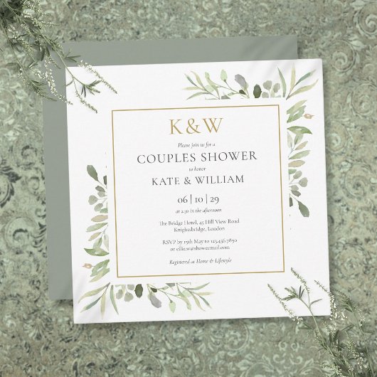 Invitation Chic or Monogramme Verdure Couples Carré douche