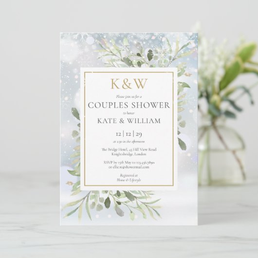 Invitation Chic or Monogramme verdure Couples d'hiver Douche (Debout devant)
