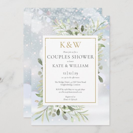 Invitation Chic or Monogramme verdure Couples d'hiver Douche (Devant / Derrière)