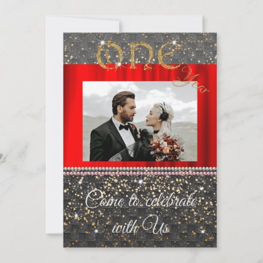 Invitation Chic Or Noir & Perles 1er Anniversaire de Mariage (Devant)